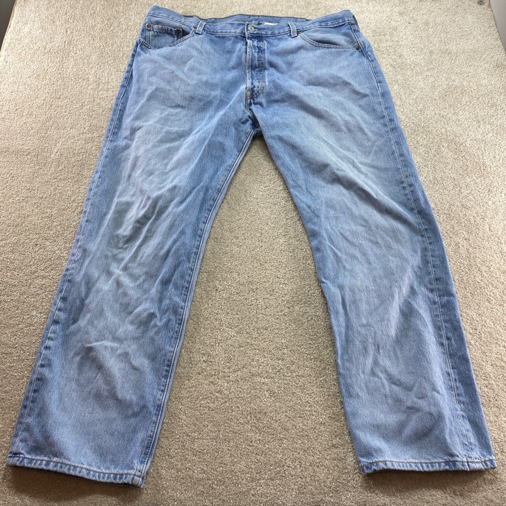 Levis 501 Jeans Mens 42x32 Light Wash Blue Straight Leg Button Fly Denim